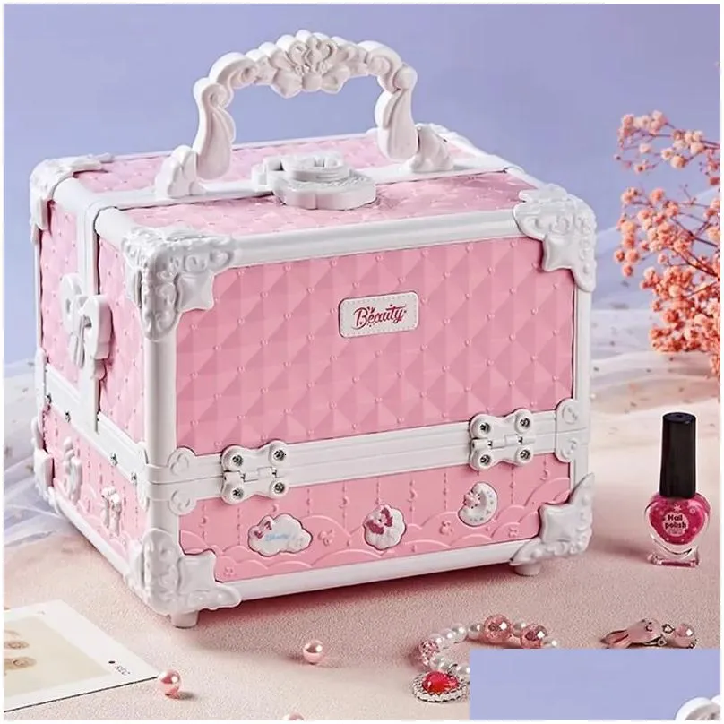 jewelry makeup set for girls box suitcase washable kit full lipstick eyeshadows nail polish stickers kid game toy gift 231122