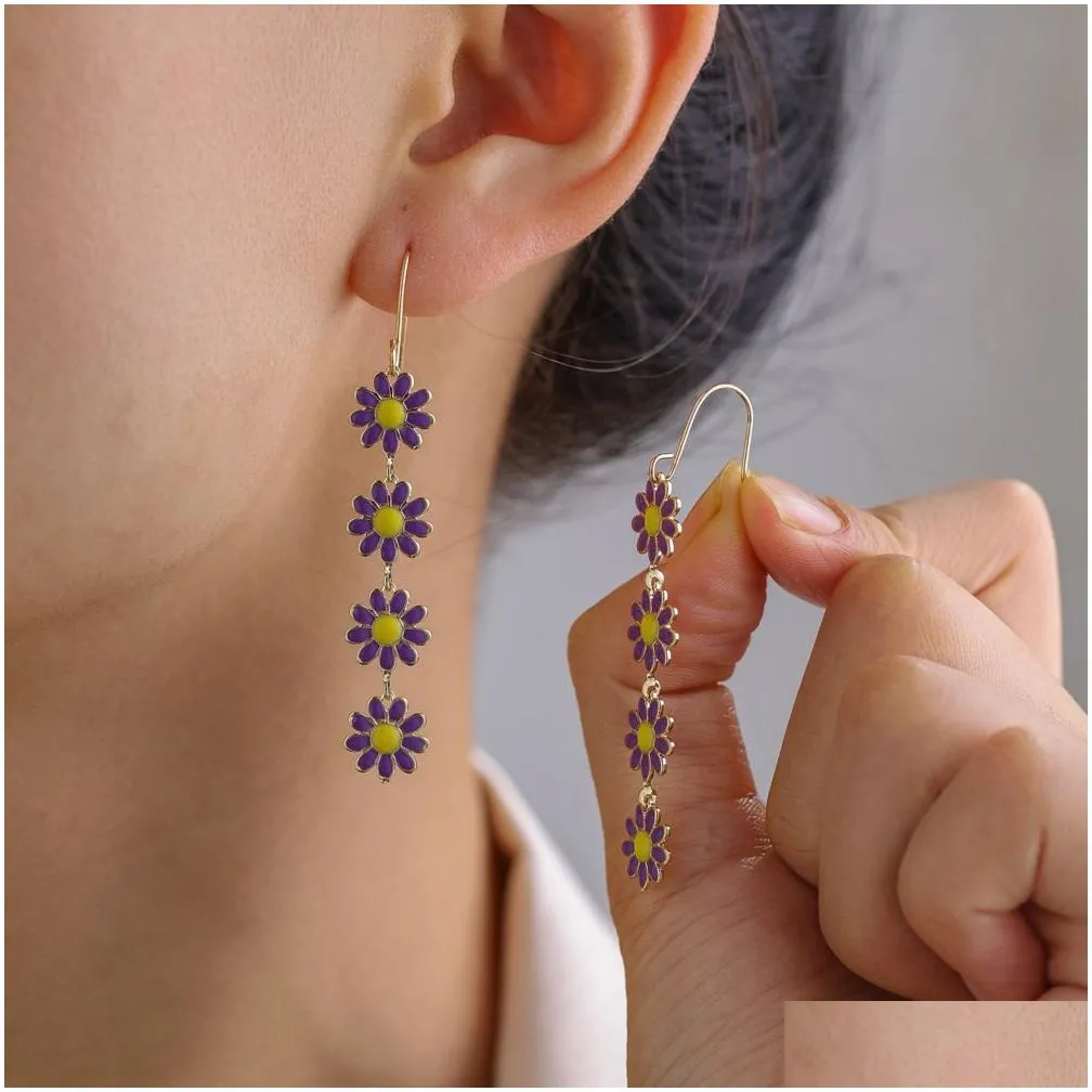 Dangle Chandelier Cute Daisy Flower Earrings For Women Trend Colorf Sweet Sunflower Long Tassel Girls Party Jewelry Gift Drop Deliv Otkjf