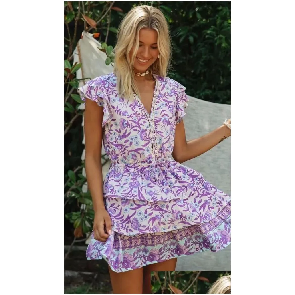 Basic & Casual Dresses Teelynn Purple Mini Dress For Women Bohemian Cotton Floral Print Summer Beach Ruffles V Nvek Short Boho Vestid Dhknq