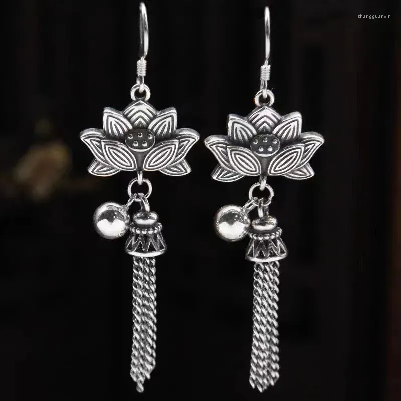 Dangle Earrings Cloisonne Enamel Pink Lotus Flower Tassel Small Bell Thai Silver 925 For Women Ethnic Style Long Earings Retro Jewelry