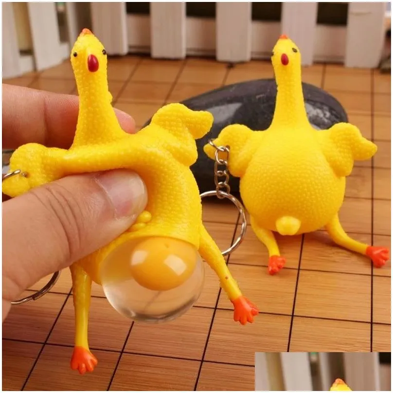 cute chicken egg toy laying hens crowded stress ball keychain creative funny spoof tricky gadgets keyring with key chains novelty halloween vent