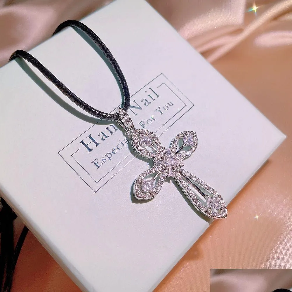 high quality grade white zircon cross necklace men/women necklace platinum plated party wedding jewelry couple gift