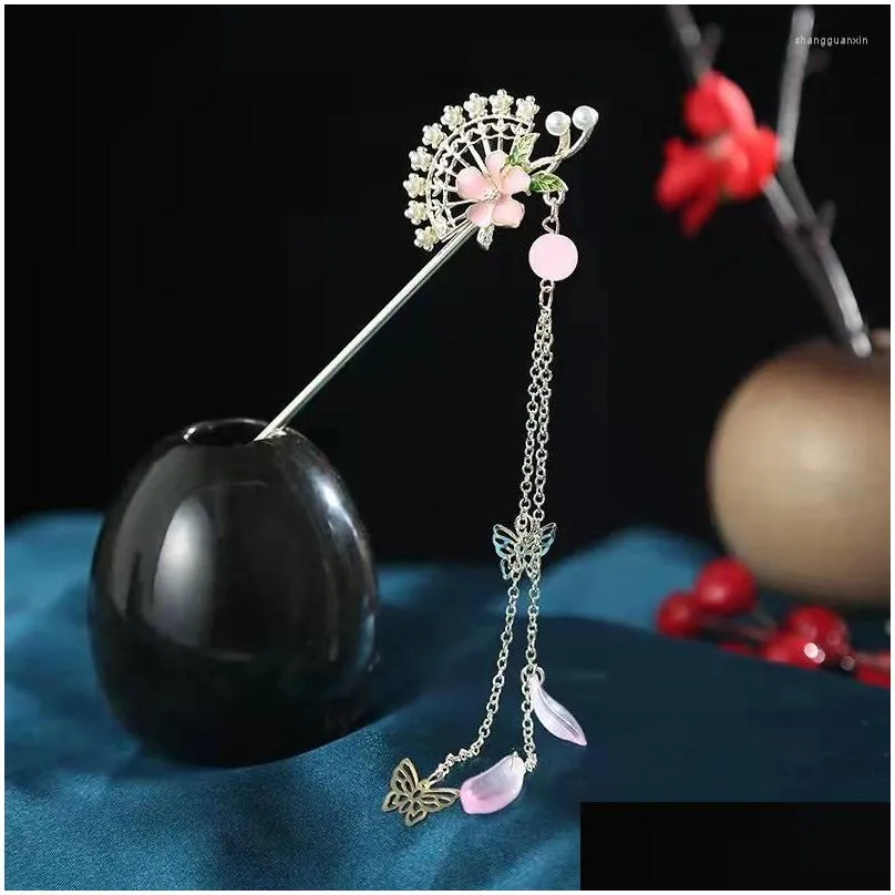 Hair Clips Chinese Style Stick Tassels Crystal Bead Hairpins Elegant Butterfly Flower Hairclip Women Hanfu Headdress Accessories