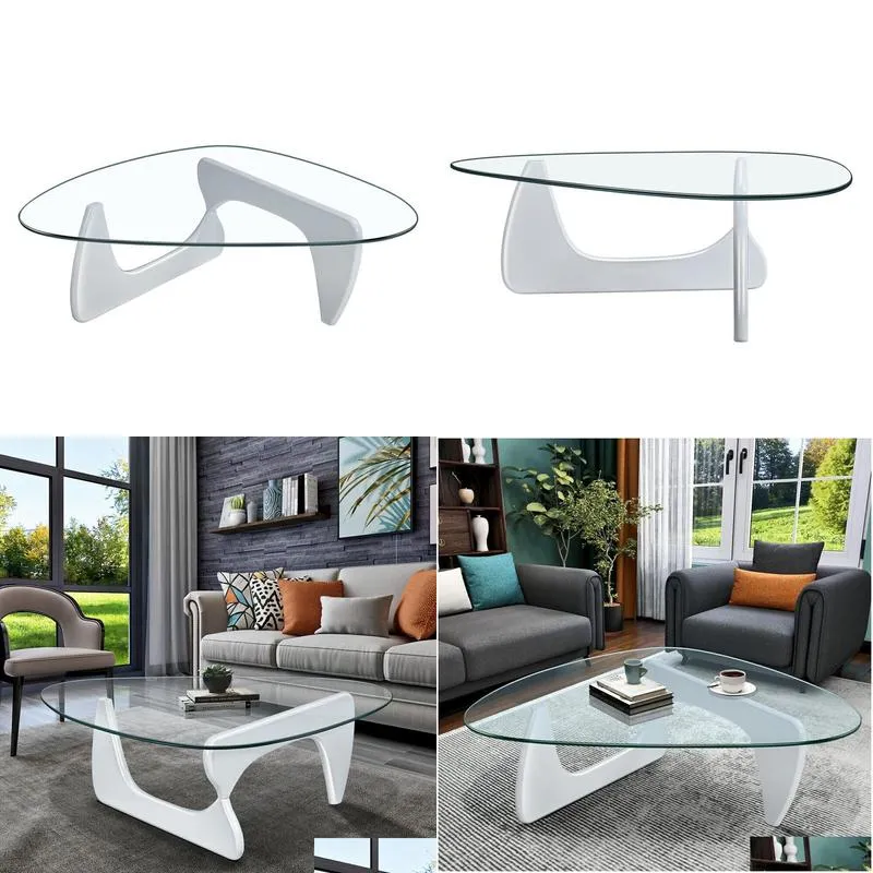 Living Room Furniture White Coffee Table Triangle Glass Solid Wood Base Drop Delivery Home Garden Otnfv