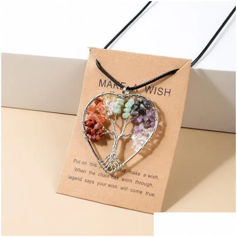 7 chakras tree of life pendant necklace gold color wisdom natural crystal chip beads handmade rope jewelry gift