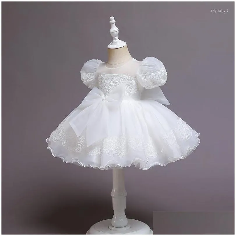 Girl Dresses Bubble Sleeve Bithday Big Bow Fluffy Dress Baptismal Christening Baby Party Vestidos Para Navidad De Bebes