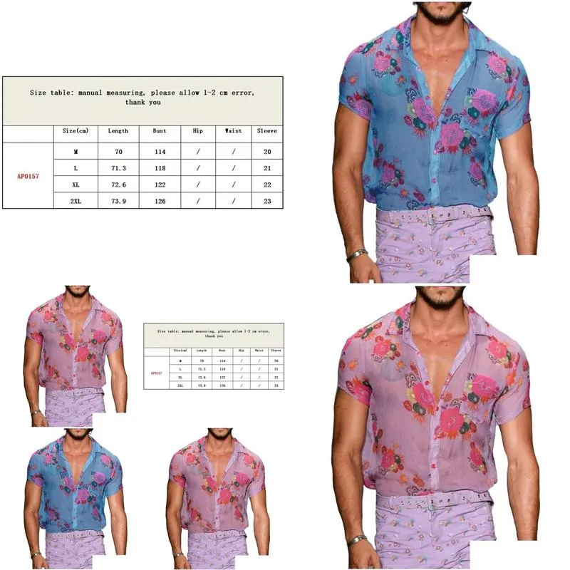 Men`S Dress Shirts Mens Men Shirt See-Through Lapel Top Loose Flower Printed Short Sleeve Buttons Breathable Coatmens Drop Delivery A Dh2Nb