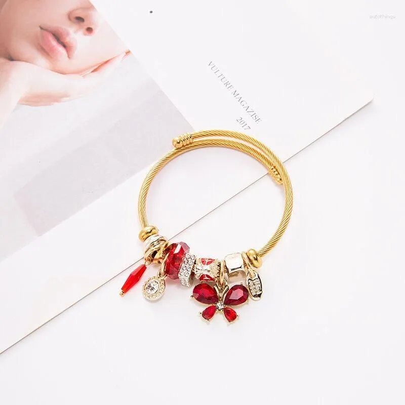 Bangle Golden Stainless Steel Wire Bracelet DIY Bee Butterfly Tassel Pendant Opening Adjustable