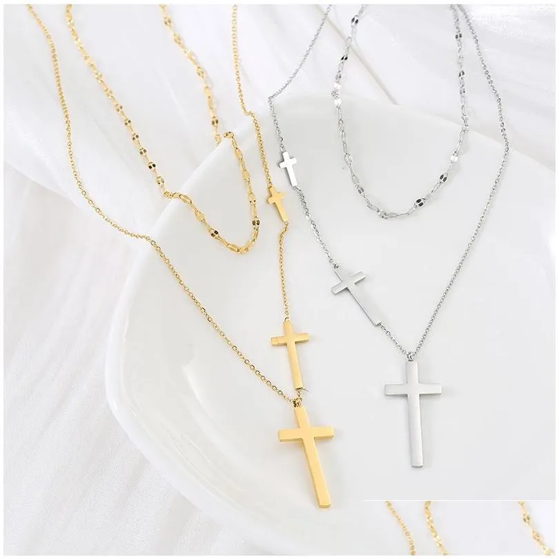 cross double layer necklace female chocker simple double layer cross necklace for women 316l stainless steel no fade