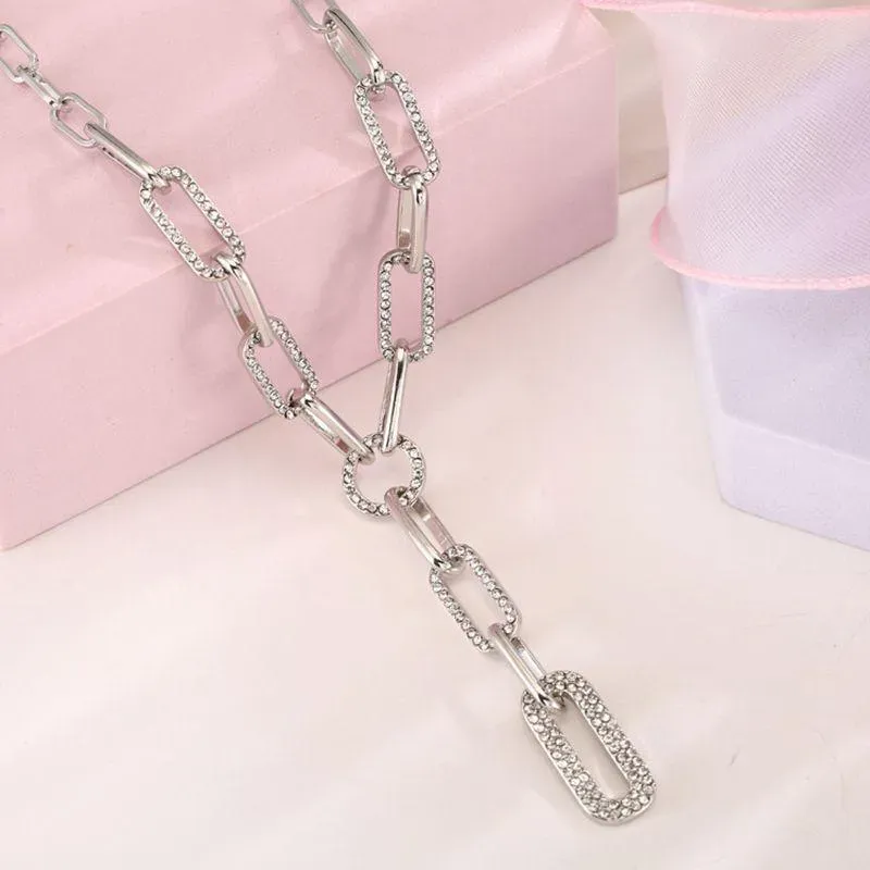 Chains Gold Silver Color Paper Clip Thick Chain Necklace Female Sweater Accessories Shiny Rhinestone Stitching Clavicle Choker