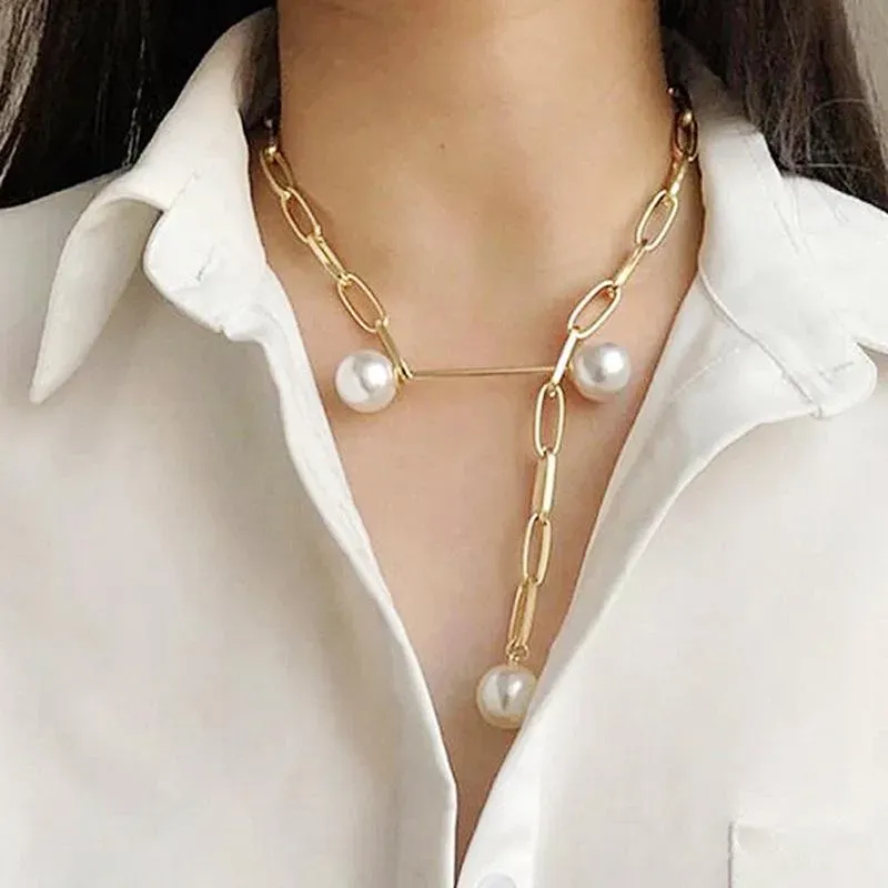 Chains Ssimple Hollow Rectangular Chain Adjustable Imitation Pearl Brooch Women`s Necklace Clavicle F2560