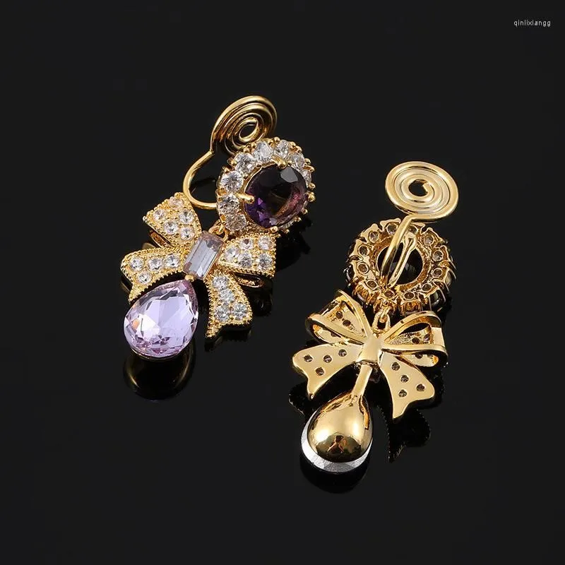 Backs Earrings Clip On French Sweet Purple Crystal Zircon Bowknot Geometric Mosquito Coil Without Pierced For Women Party