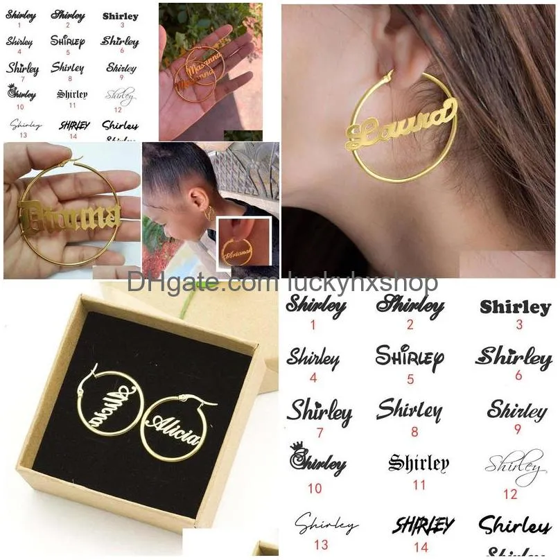 hoop huggie custom personalized gothic big earrings stainless steel 30mm70mm for women date name letter wedding bridesmaid gift 230710