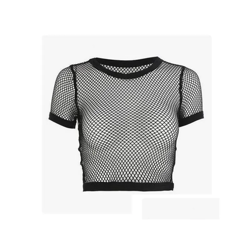 Women`S T-Shirt Womens Summer Fashion Women Crop Top Y Short Sleeve Tank Tops See Through Mesh Fishnet T Shirts Stretch Solid Black 20 Dhp96