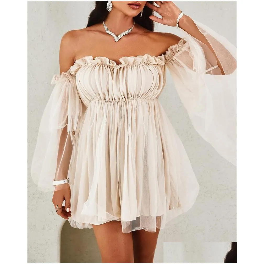 Basic & Casual Dresses Spring Women Solid Off Shoder Frill Trim Layered Mesh Dress 2022 Femme A Line Mini Party Robe Boho Lady Club O Dhdo0