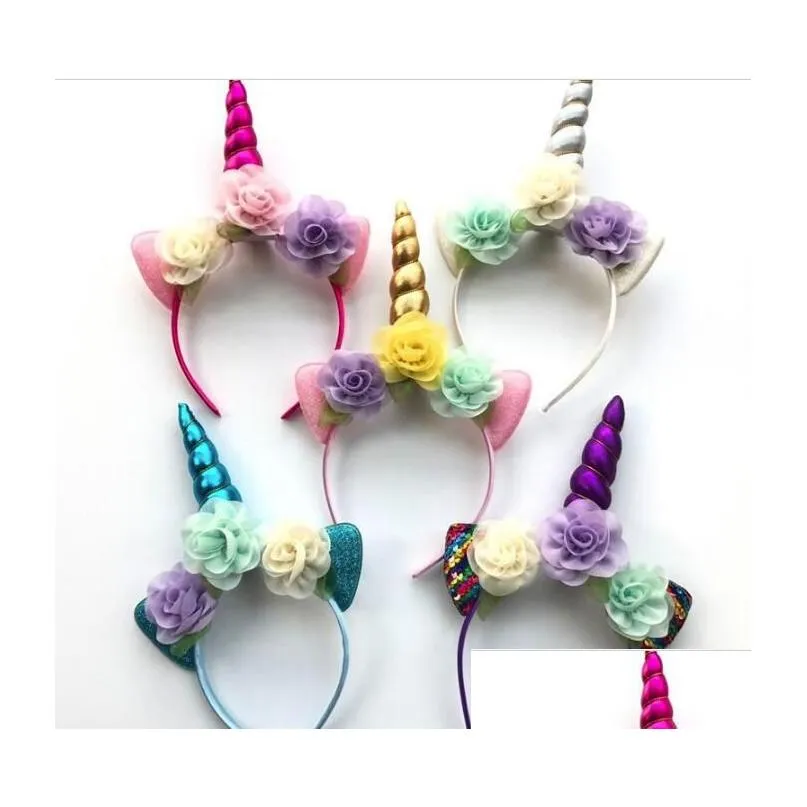 childrens headban glitter metallic unicorn headband girls chiffon flowers hairband for kids leaf flower unicorn horn party hair