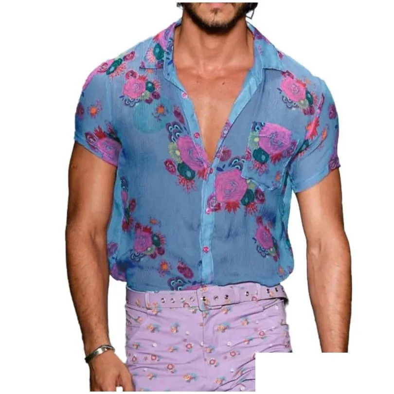 Men`S Dress Shirts Mens Men Shirt See-Through Lapel Top Loose Flower Printed Short Sleeve Buttons Breathable Coatmens Drop Delivery A Dh2Nb