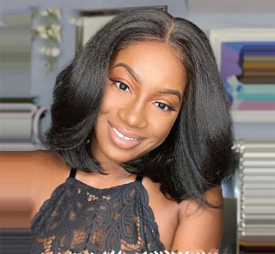 Kinky Straight Short Bob Wig 13x4 Lace Frontal Human Hair Wig with Baby Hair for Black Women Colored Yaki Straight Bob Wig