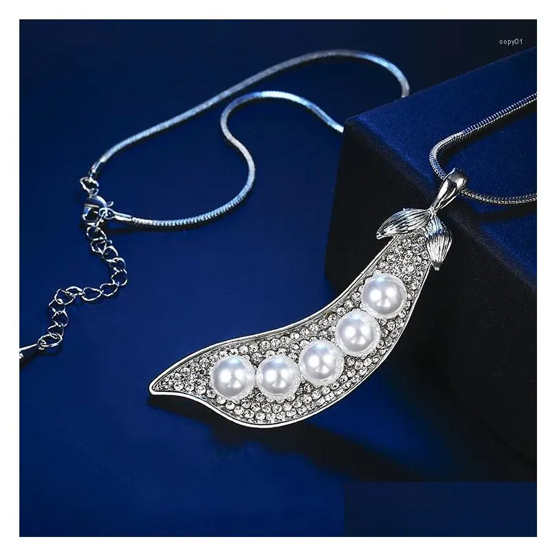 pendant necklaces sweater chain simulated pearl rhinestone pea necklace for women party jewelry dress accessories