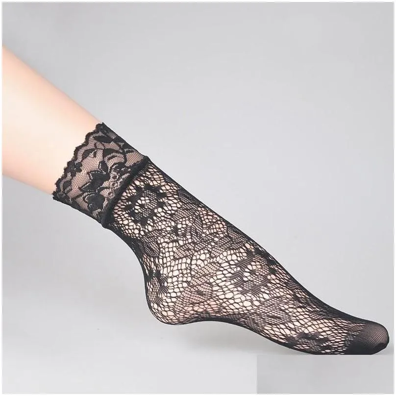 Socks & Hosiery Vintage Lace Ladies Summer Floral Mesh Elastic Transparent Short Ankle Lolita Women Dress Fishnet Black Femalesocks D Dh9Ov