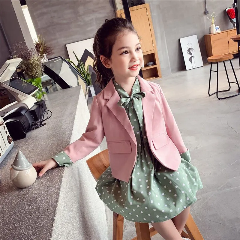New children`s clothing girls baby spring and autumn clothes girls casual blazer solid color dot dress cloth set suit1