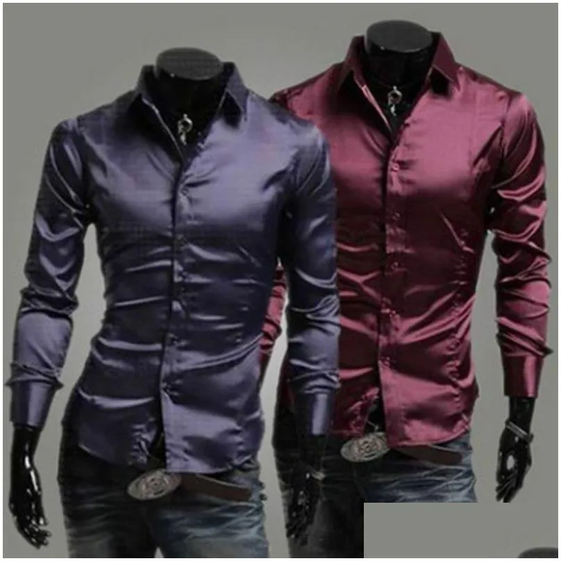 Men`S Dress Shirts 2119 New Style Fashion Mens Silk Shirt Solid Long Sleeve Casual Formal Button Drop Delivery Apparel Clothing Dhomu