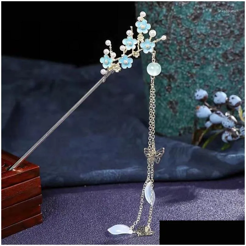 Hair Clips Chinese Style Stick Tassels Crystal Bead Hairpins Elegant Butterfly Flower Hairclip Women Hanfu Headdress Accessories