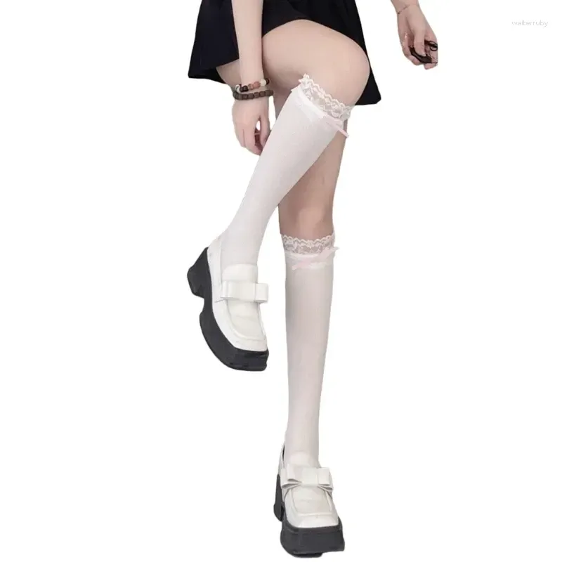 Women Socks Solid Thin Knee Length Stockings Lace Trim Bowknot Over Calf Long