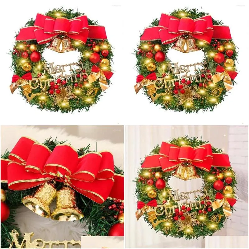 Decorative Flowers Prelit Christmas Wreath 11.81inches Artificial Spruce With Berry Clusters Bowknot Festival Front Door Hanger