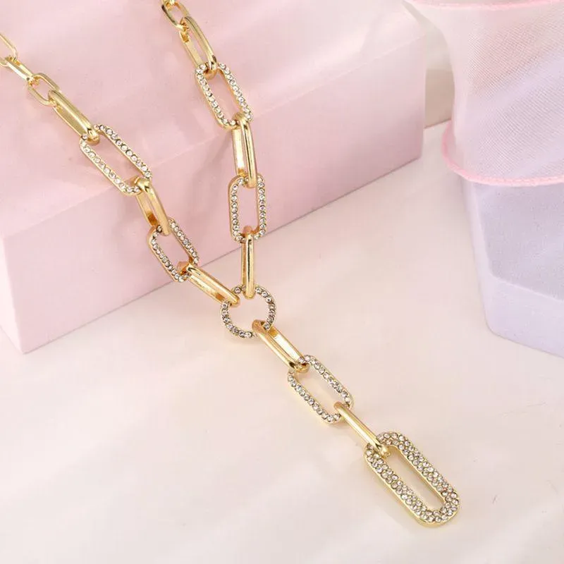 Chains Gold Silver Color Paper Clip Thick Chain Necklace Female Sweater Accessories Shiny Rhinestone Stitching Clavicle Choker