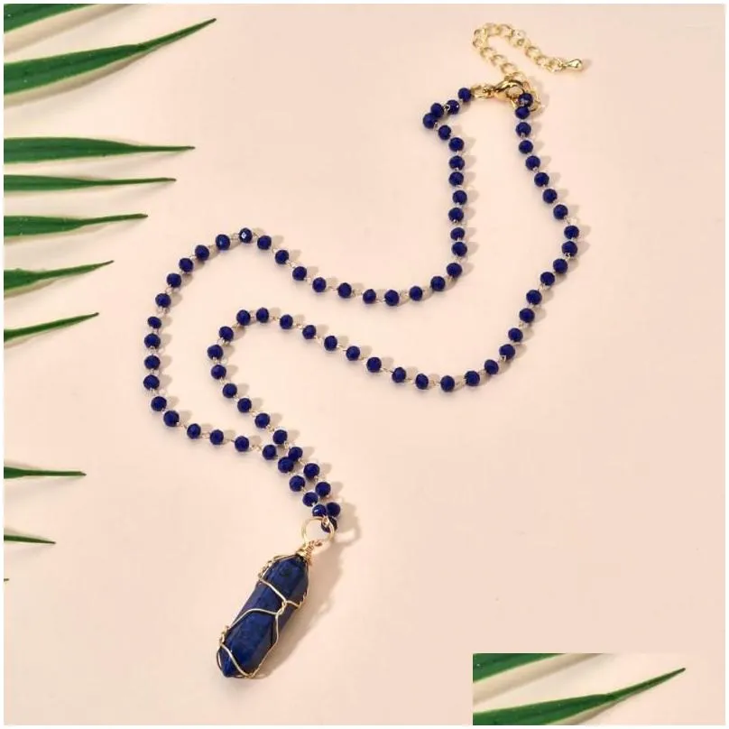 pendant necklaces zmzy glass crystal beads chain natural stone quartz necklace chakra hexagonal amethysts lapis lazuli