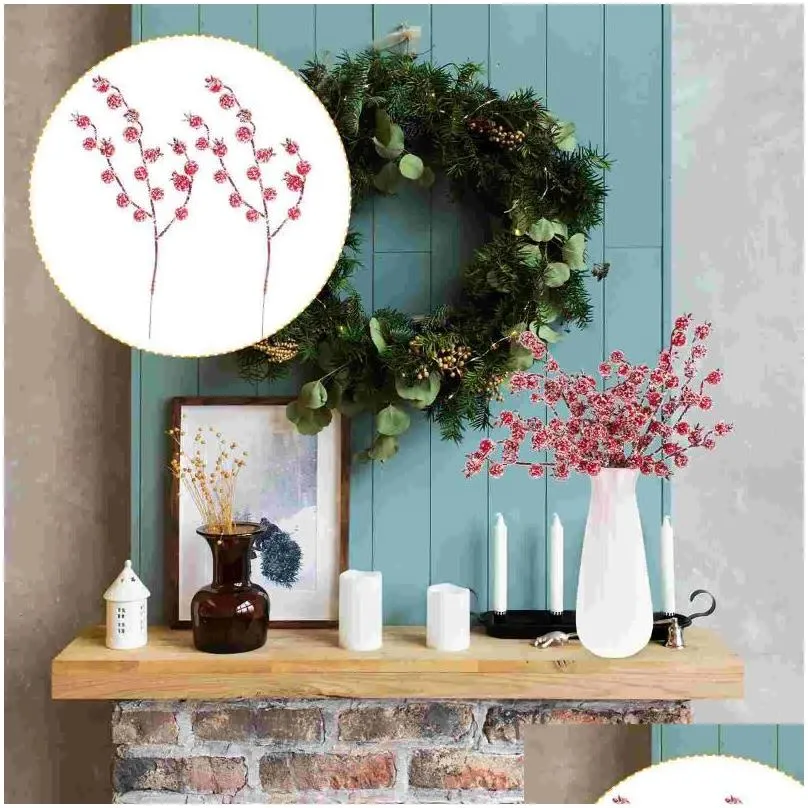 Decorative Flowers Branches Artificial Berries Branch Christmas Bouquet Red Holly Berry Stamen Plants Party Home Ornament