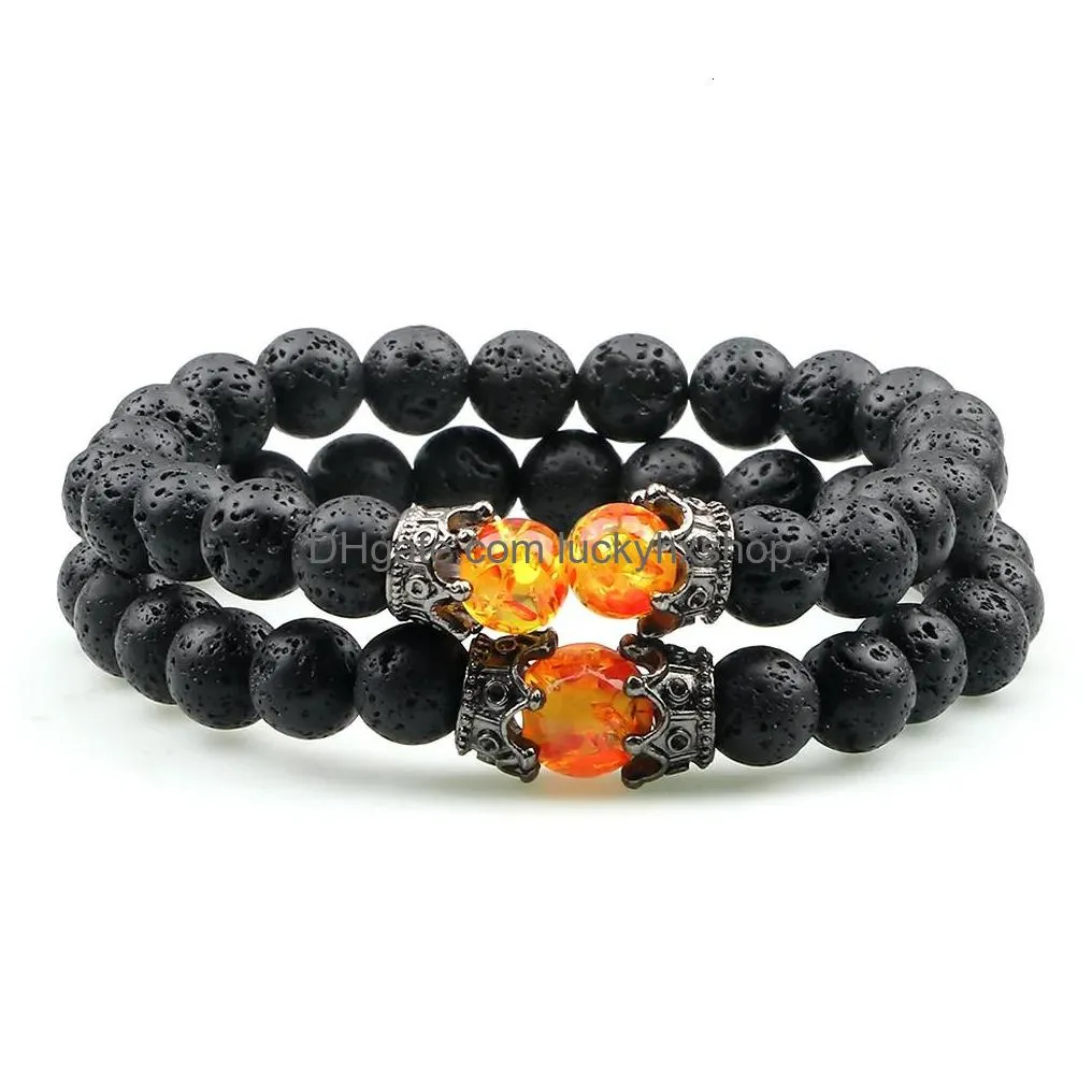 chain black lava stone crown charm tiger eye beads bracelet for men women braided bracelets handmade adjustable jewelry pulseira