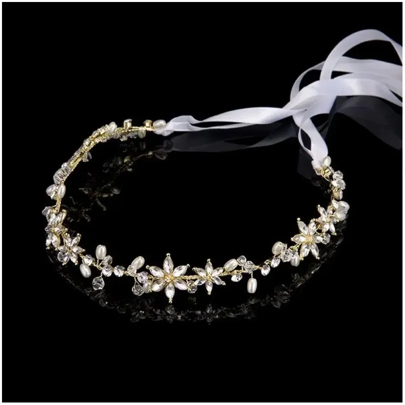 Hair Clips Party Handmade Crown Headwear Bridal Tiara Ornaments Headdress Head Piece Crystal Pearl Bride Hairband With Ribbon