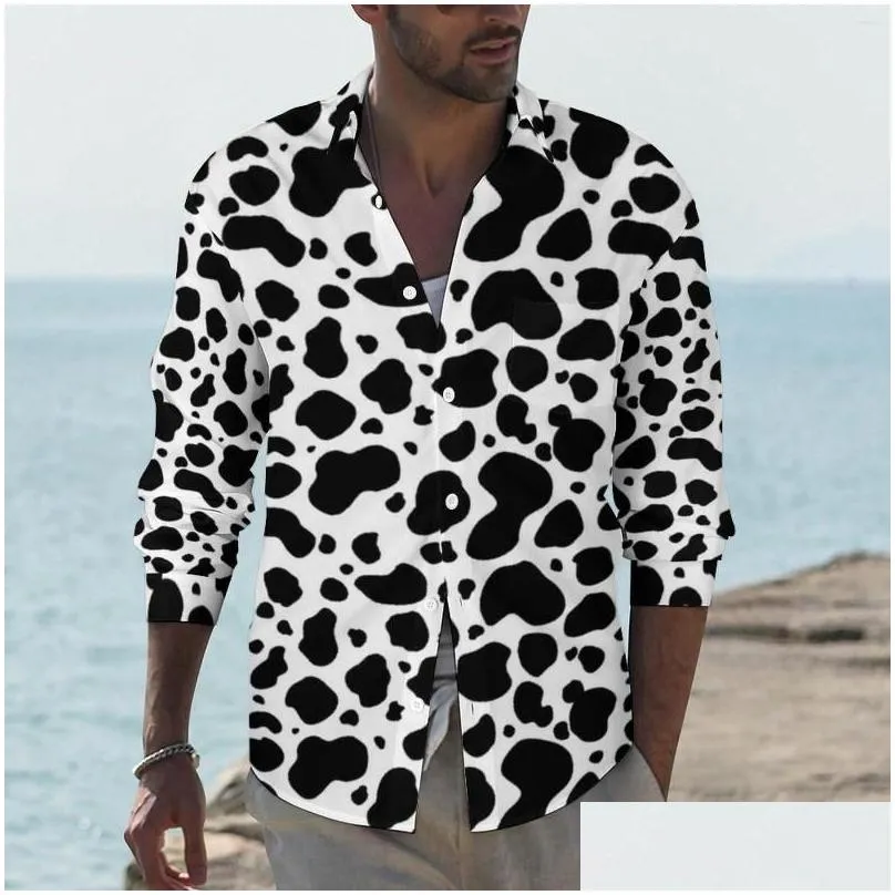 Men`S Casual Shirts Mens Farm Animal Print Men Black White Cow Spots Shirt Long Sleeve Trending Funny Blouses Spring Custom Top Plus Dhyox