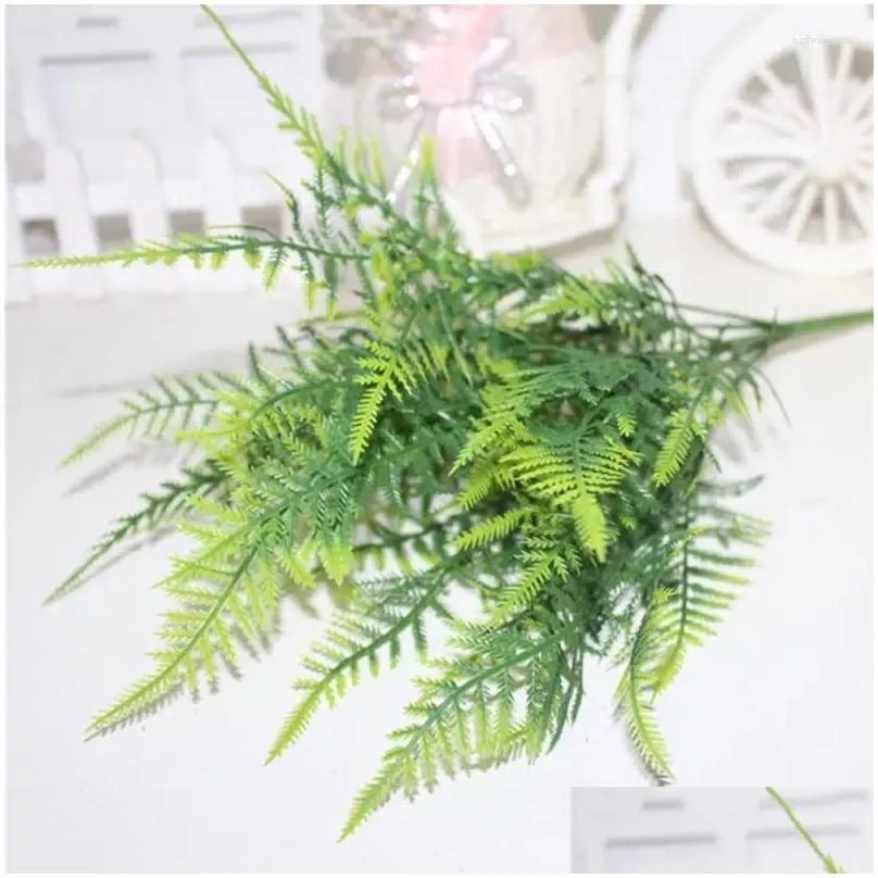 Decorative Flowers Artificial Green Grass Plastic 7 Stems Fake Plants Foliage Leaves Home Decoration