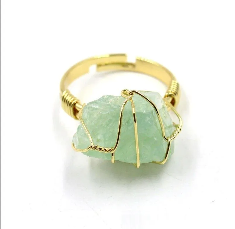 Natural Stone Irregular Wire Wrap Women Rings Healing Purple Crystal Fluorite Gold-color Resizable Fashion Finger Ring