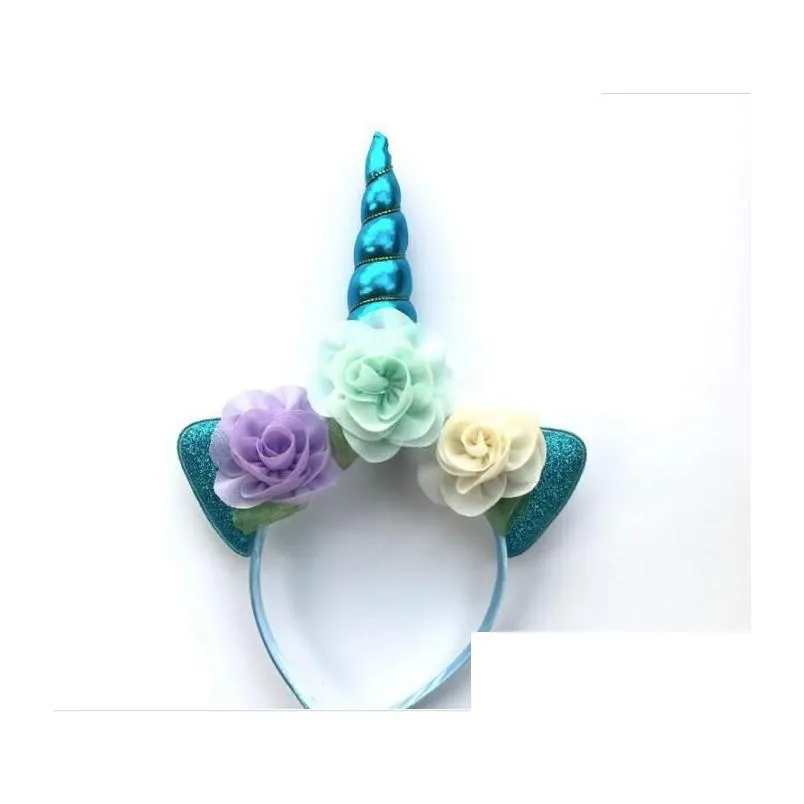 childrens headban glitter metallic unicorn headband girls chiffon flowers hairband for kids leaf flower unicorn horn party hair