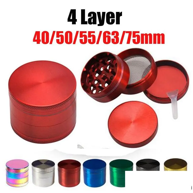 Herb Grinder 40Mm 50Mm 55Mm 6M 75Mm 4 Layer Zinc Alloy Metal Tobacco Dry Smoking Grinders 8 Colors Hand Mler Crusher Accessories Dro Otmx3