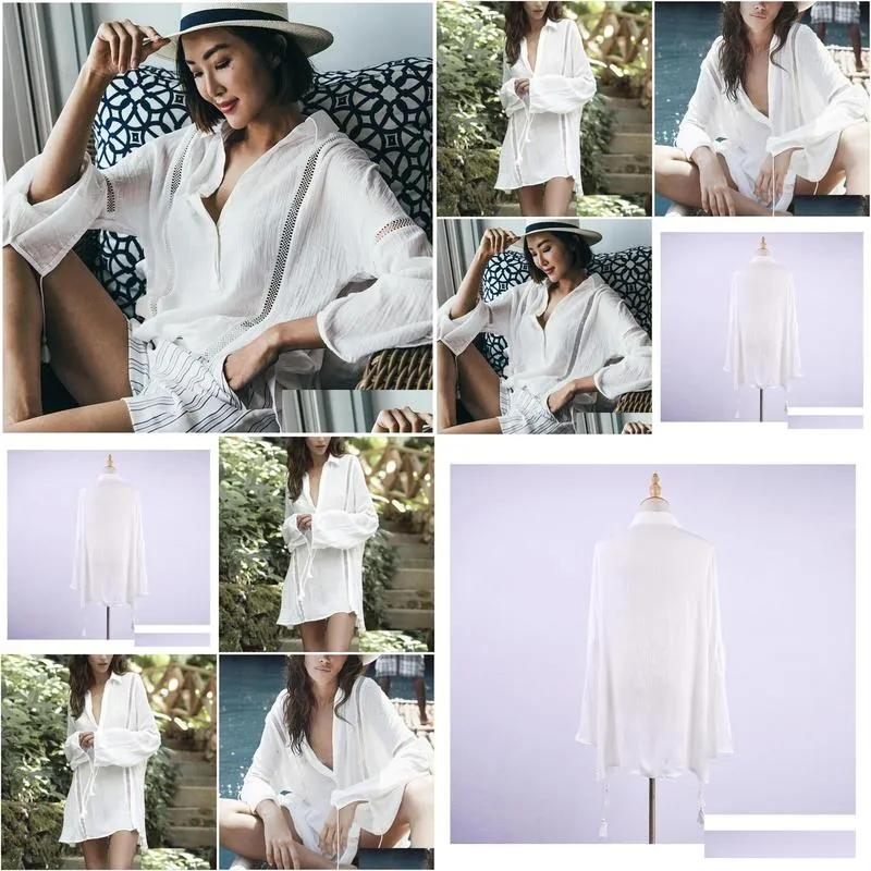 Women`S Blouses & Shirts Womens Ayualin White Flare Long Sleeve Beach Swim Er Up Women Blouse Shirt 2021 Cotton Y Deep V Ncek Boho Dr Dh8Zf