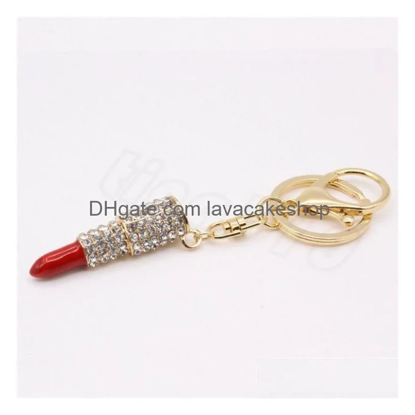 metal insert drill lip gloss lipstick key buckle car pendant key ring s fashion jewelry metal crystal lipstick key chains t9i00191
