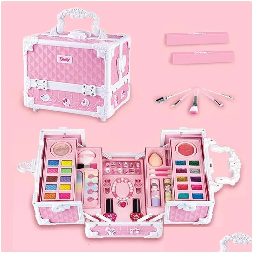 jewelry makeup set for girls box suitcase washable kit full lipstick eyeshadows nail polish stickers kid game toy gift 231122