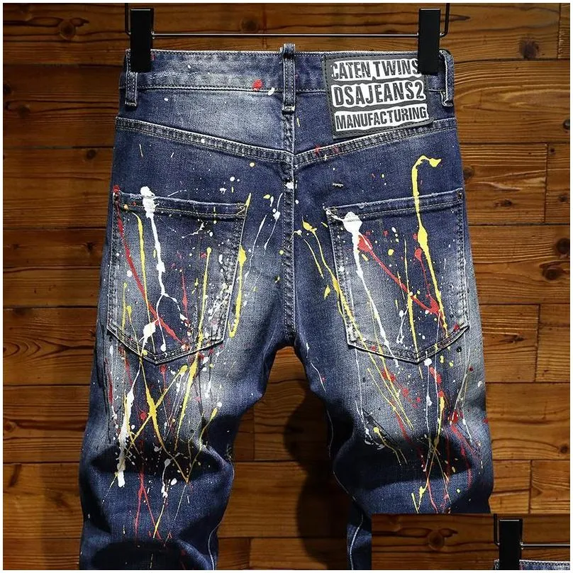 Men`S Jeans Mens Fashion Hip Hop Casual Ripped Died Skinny Denim Pants Small Straight Paint Splashing Hole Drop Delivery Apparel Clot Dhqew