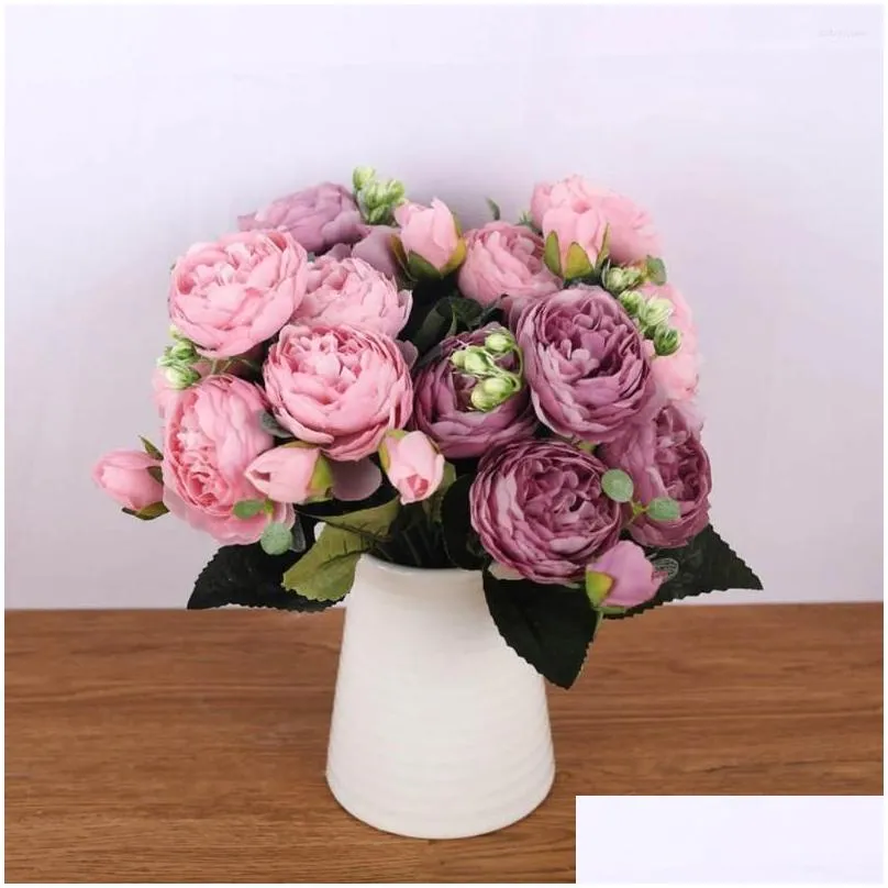 Decorative Flowers Flower Bouquet 5 Heads Artificial Rose Buds Wedding Plastic Silk Cloth Fake White