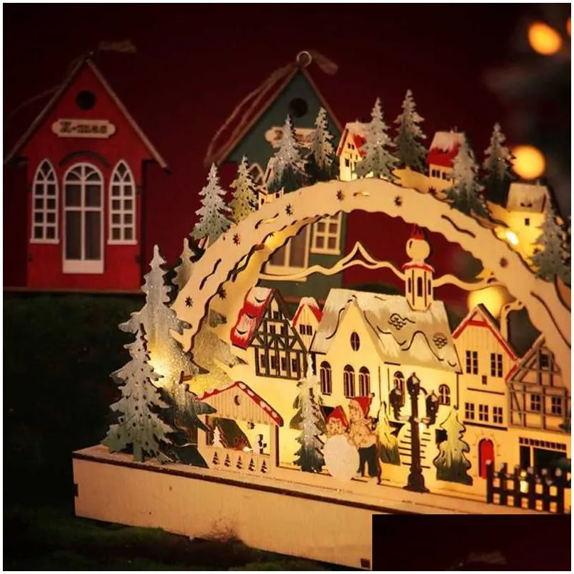 christmas desktop wooden ornaments led light luminous xmas village home decoration p0828