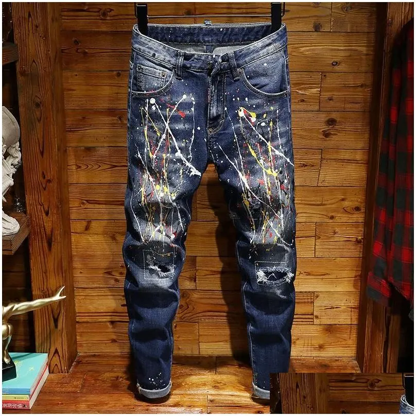 Men`S Jeans Mens Fashion Hip Hop Casual Ripped Died Skinny Denim Pants Small Straight Paint Splashing Hole Drop Delivery Apparel Clot Dhqew