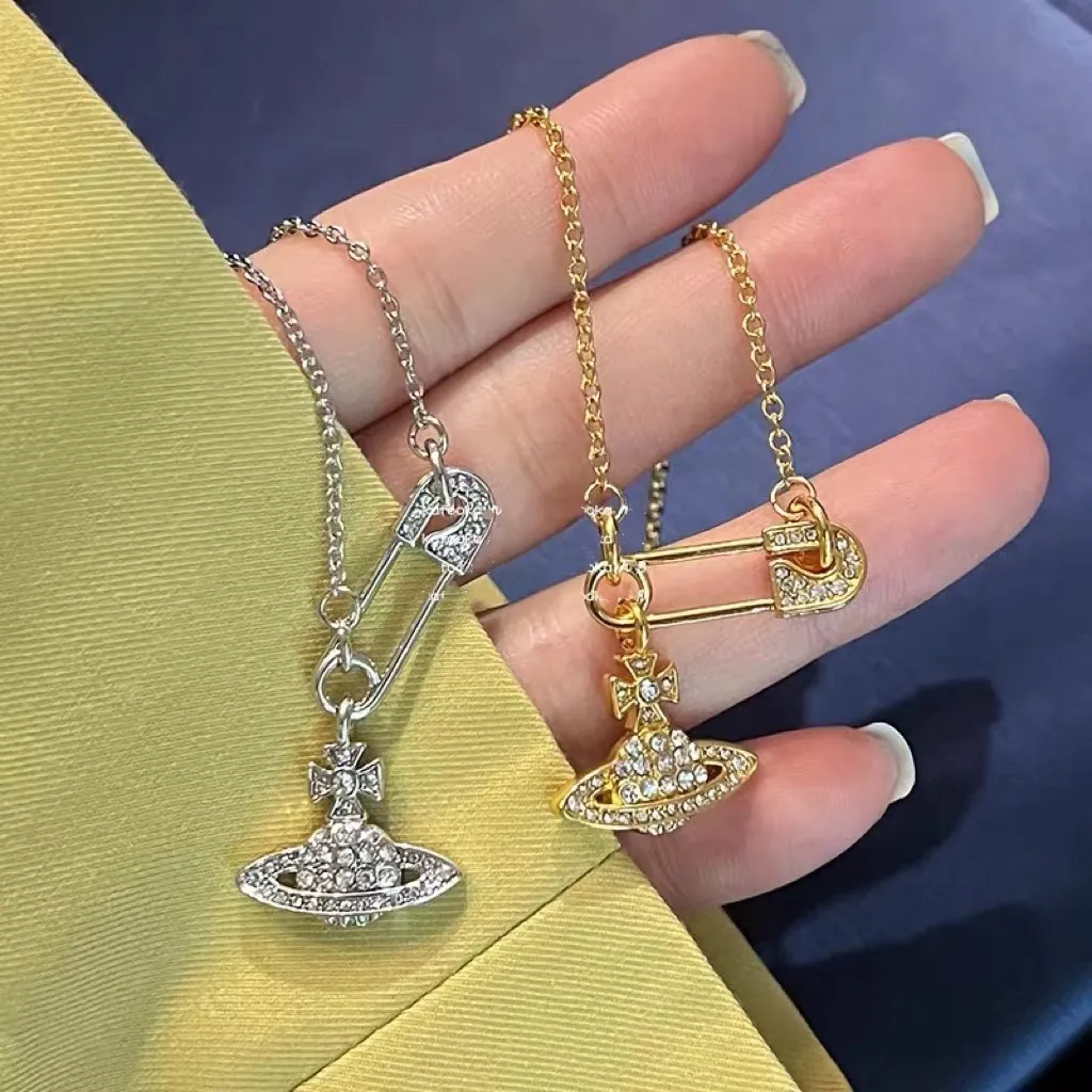 Designer Lin Zhou Pin Full Diamond Saturn Chain Necklace Women's Shining Full Diamond Pin Stacked Chain Collar chain