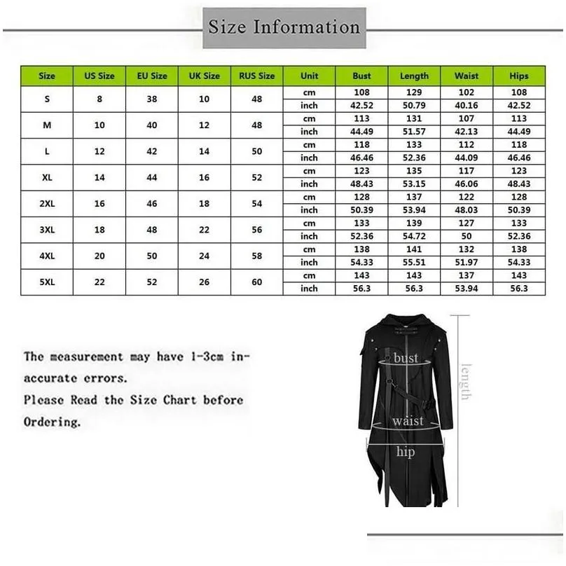 Men`S Trench Coats Mens 2021 Medieval Cosplay Gothic Halloween Costumes For Men Dress Witch Middle Ages Renaissance Black Cloak Clothi Dhd6Y