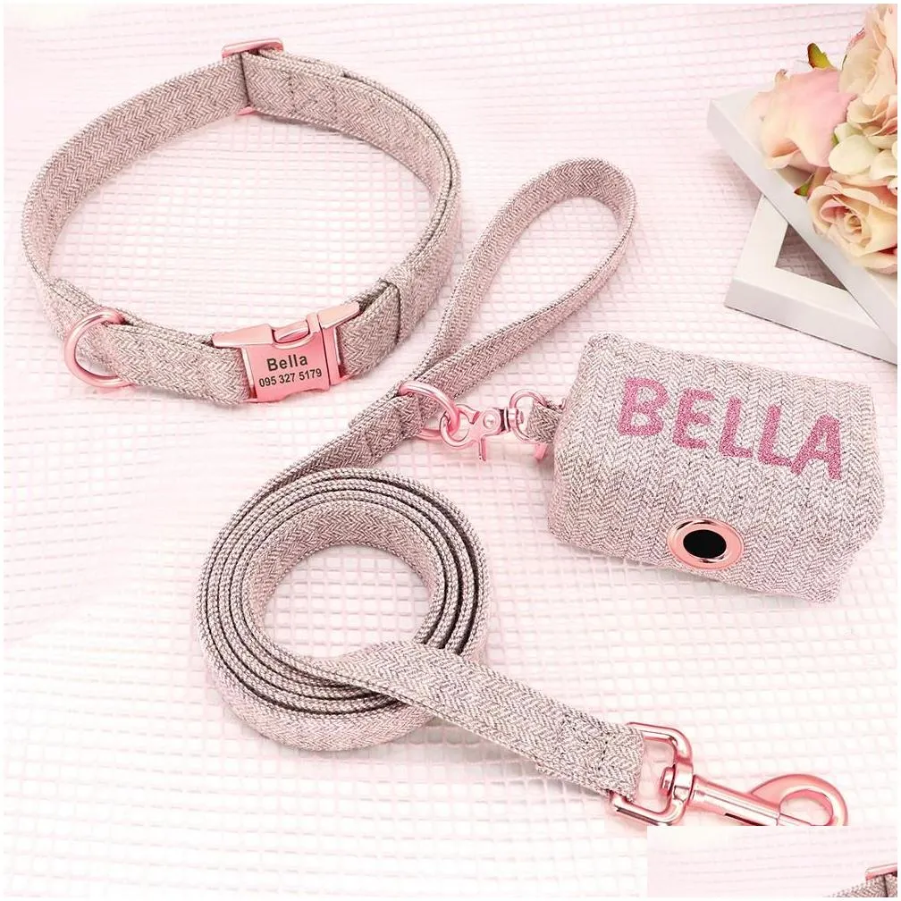 Carrier Personalized Dog Collar Leash Set Custom Pet Poop Bag For Small Medium Large Dogs Outdoor Puppy Garbage Bags Pet Supplies Pug