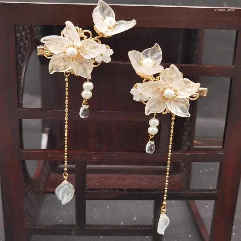 Hair Clips Yellow Floral Hairpin Chinese Metal Tassel Pearl Stick Girls Classic Hanfu Barrettes Jewelry 2024 Brrettes